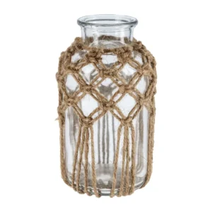 Vase Bisenija en verre tendance bohème, macramé textile. Mise en valeur fleurs séchées, naturelle